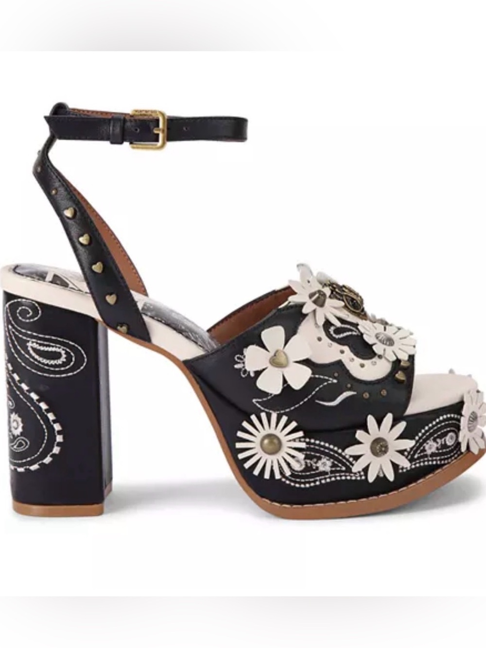 Kurt Geiger Black and Cream Floral Appliqué Platform Sandal